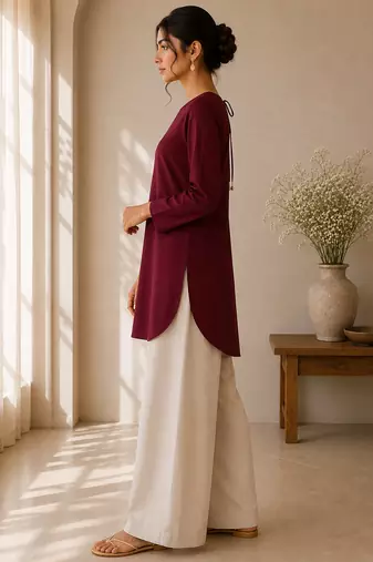 Maroon cotton plain casual kurta set for women