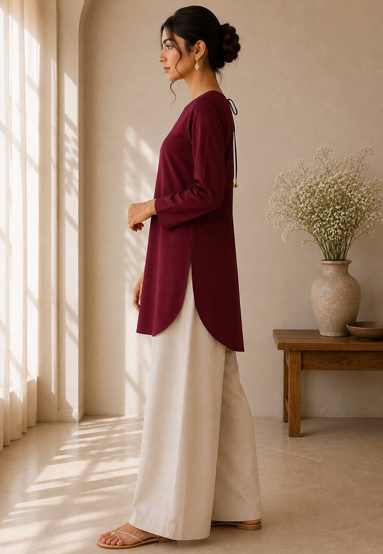 Maroon cotton plain casual kurta set for women