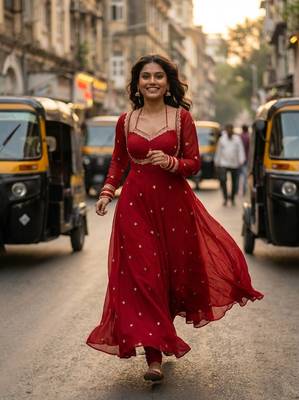 Red georgette zari embroidered sweetheart neck flared gown 4