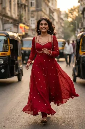 Red georgette zari embroidered sweetheart neck flared gown