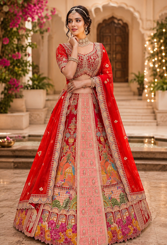 Multicolor color Print Embroidered Dori and Zari work Mirror Sequins work Satin lehenga choli set