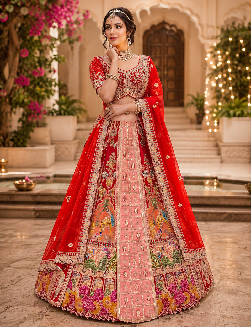 Multicolor color Print Embroidered Dori and Zari work Mirror Sequins work Satin lehenga choli set
