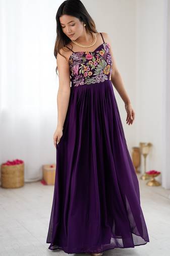 Wine floral embroidered georgette anarkali gown with flared pleated silhouette