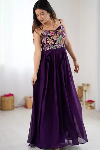 Wine floral embroidered georgette anarkali gown with flared pleated silhouette