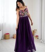 Wine floral embroidered georgette anarkali gown with flared pleated silhouette