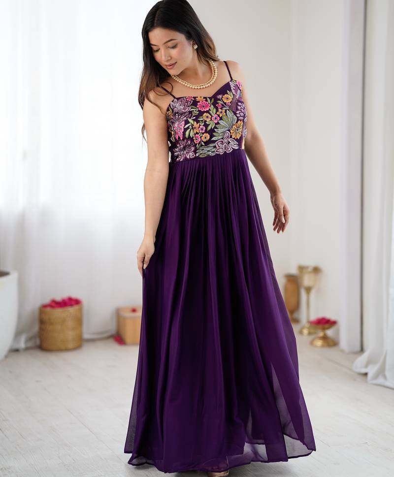 Wine floral embroidered georgette anarkali gown with flared pleated silhouette