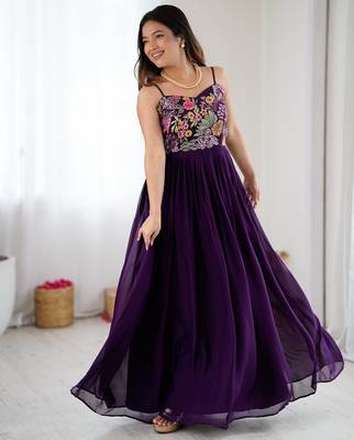 Wine floral embroidered georgette anarkali gown with flared pleated silhouette 2