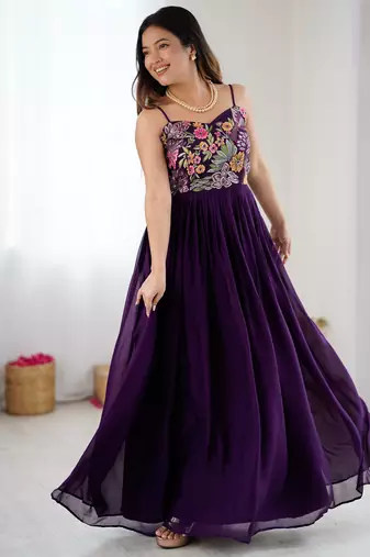 Wine floral embroidered georgette anarkali gown with flared pleated silhouette