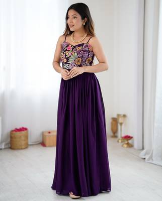 Wine floral embroidered georgette anarkali gown with flared pleated silhouette 4