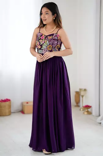 Wine floral embroidered georgette anarkali gown with flared pleated silhouette