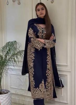 Navy Blue Color  Embroidery And Sequence Work Faux Georgette Salwar Suit 1
