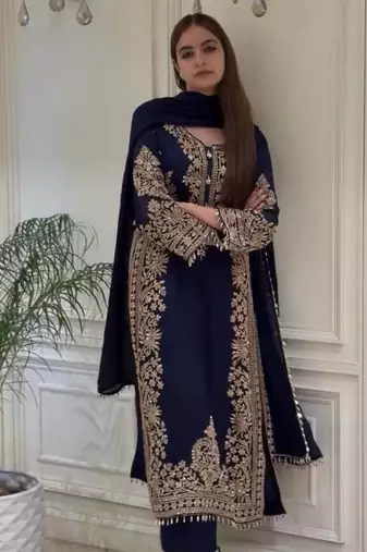 Navy Blue Color  Embroidery And Sequence Work Faux Georgette Salwar Suit