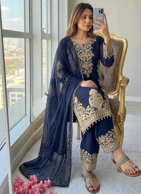 Navy Blue Color  Embroidery And Sequence Work Faux Georgette Salwar Suit 2