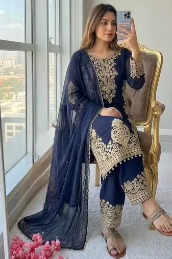 Navy Blue Color  Embroidery And Sequence Work Faux Georgette Salwar Suit
