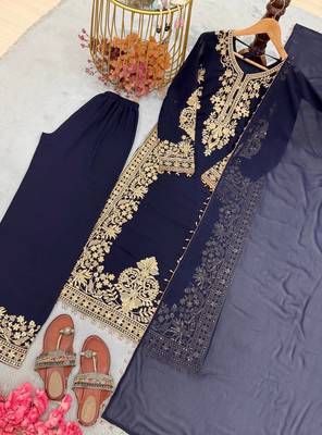 Navy Blue Color  Embroidery And Sequence Work Faux Georgette Salwar Suit 4