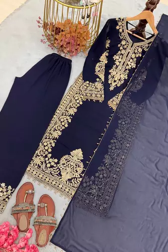 Navy Blue Color  Embroidery And Sequence Work Faux Georgette Salwar Suit