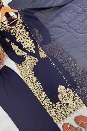 Navy Blue Color  Embroidery And Sequence Work Faux Georgette Salwar Suit