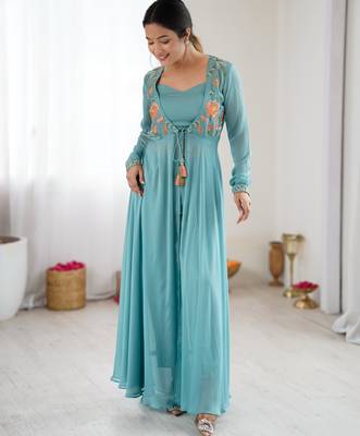 Blue embroidered georgette palazzo set with floral jacket and handwork details 1
