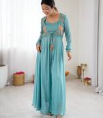 Blue embroidered georgette palazzo set with floral jacket and handwork details
