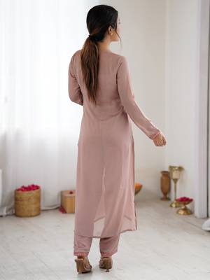 Dusty rose floral embroidered v-neck kurta pant set 2