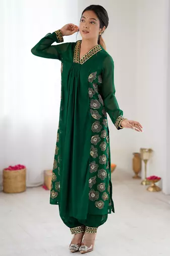 Dark green floral embroidered georgette kurta balloon pant set with elegant detailing