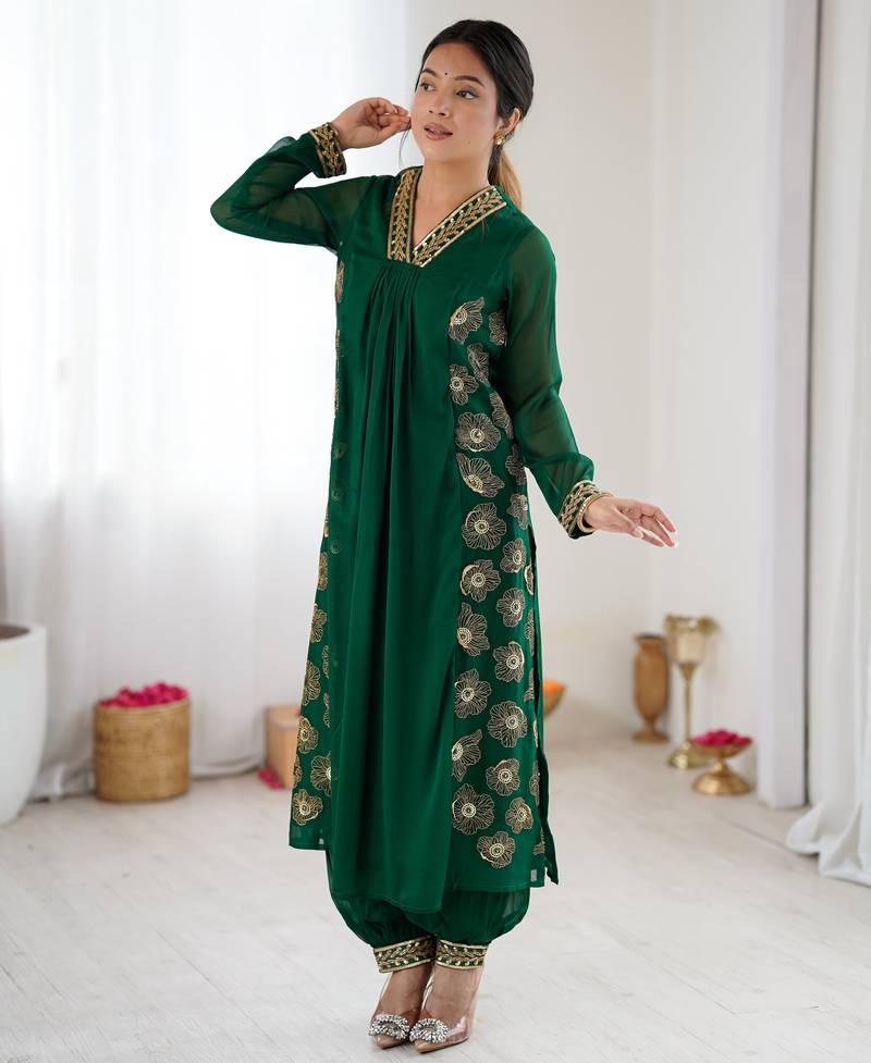 Dark green floral embroidered georgette kurta balloon pant set with elegant detailing