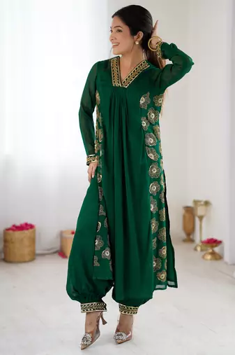 Dark green floral embroidered georgette kurta balloon pant set with elegant detailing