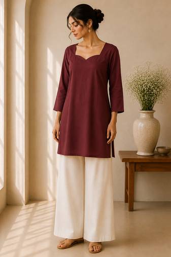 Maroon cotton plain casual kurta set for women