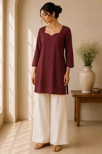 Maroon cotton plain casual kurta set for women