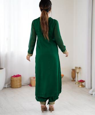 Dark green floral embroidered georgette kurta balloon pant set with elegant detailing 3