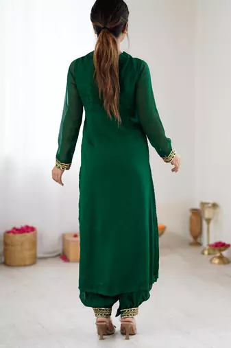 Dark green floral embroidered georgette kurta balloon pant set with elegant detailing