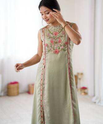 Elegant pista green georgette embroidered straight kurta with coordinated tapered pants set 2