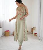 Elegant pista green georgette embroidered straight kurta with coordinated tapered pants set