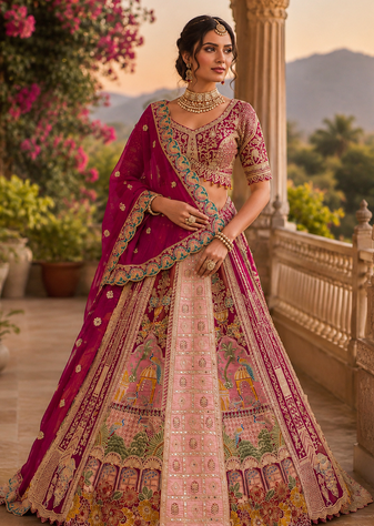rani pink color Print Embroidered Dori and Zari work Mirror Sequins work Satin lehenga choli set