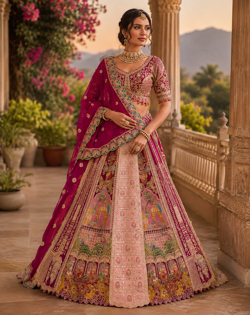 rani pink color Print Embroidered Dori and Zari work Mirror Sequins work Satin lehenga choli set