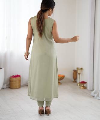 Elegant pista green georgette embroidered straight kurta with coordinated tapered pants set 3