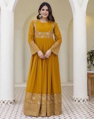 Mustard yellow embroidered anarkali gown with dupatta 1