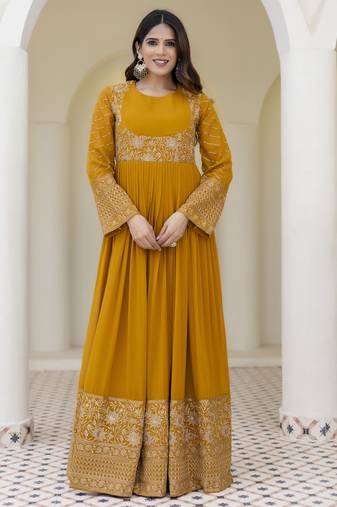 Mustard yellow embroidered anarkali gown with dupatta
