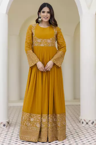 Mustard yellow embroidered anarkali gown with dupatta