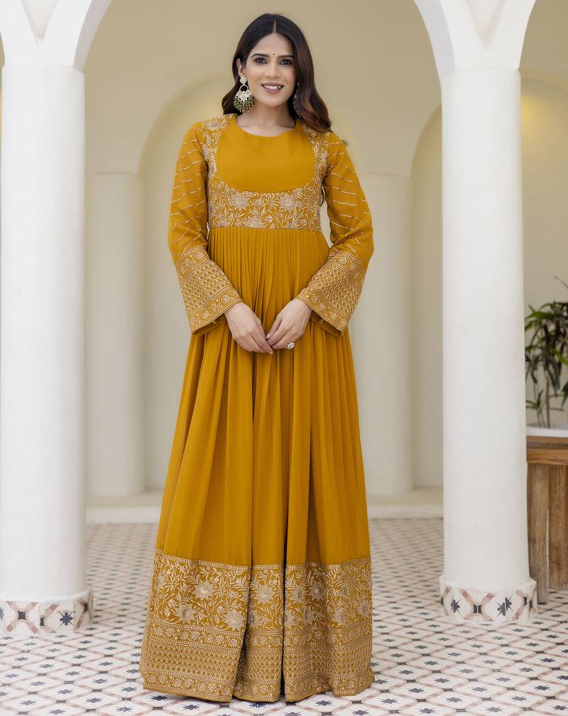 Mustard yellow embroidered anarkali gown with dupatta