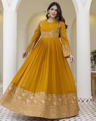 Mustard yellow embroidered anarkali gown with dupatta 2