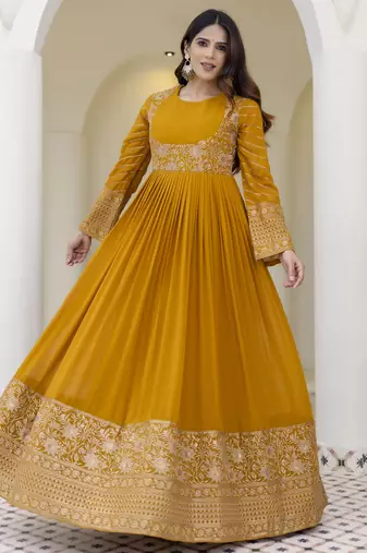 Mustard yellow embroidered anarkali gown with dupatta