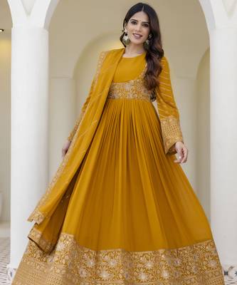 Mustard yellow embroidered anarkali gown with dupatta 3