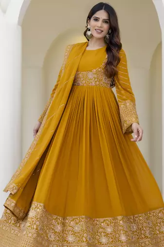 Mustard yellow embroidered anarkali gown with dupatta