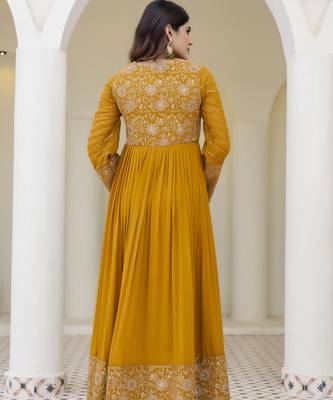 Mustard yellow embroidered anarkali gown with dupatta 4