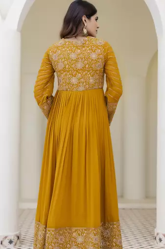 Mustard yellow embroidered anarkali gown with dupatta