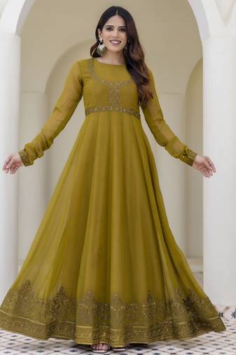 Olive green embroidered anarkali gown with soft net dupatta