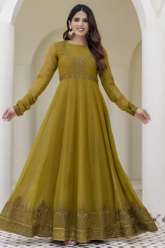 Olive green embroidered anarkali gown with soft net dupatta