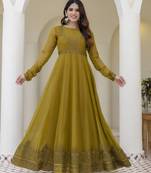 Olive green embroidered anarkali gown with soft net dupatta