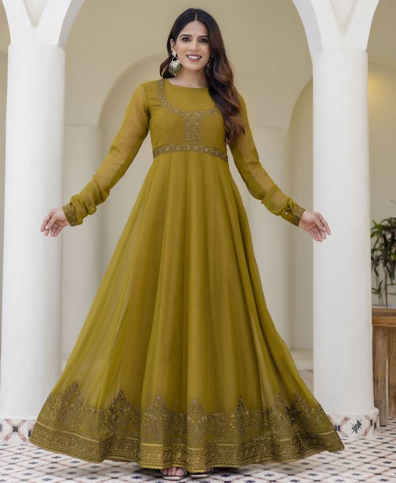 Olive green embroidered anarkali gown with soft net dupatta